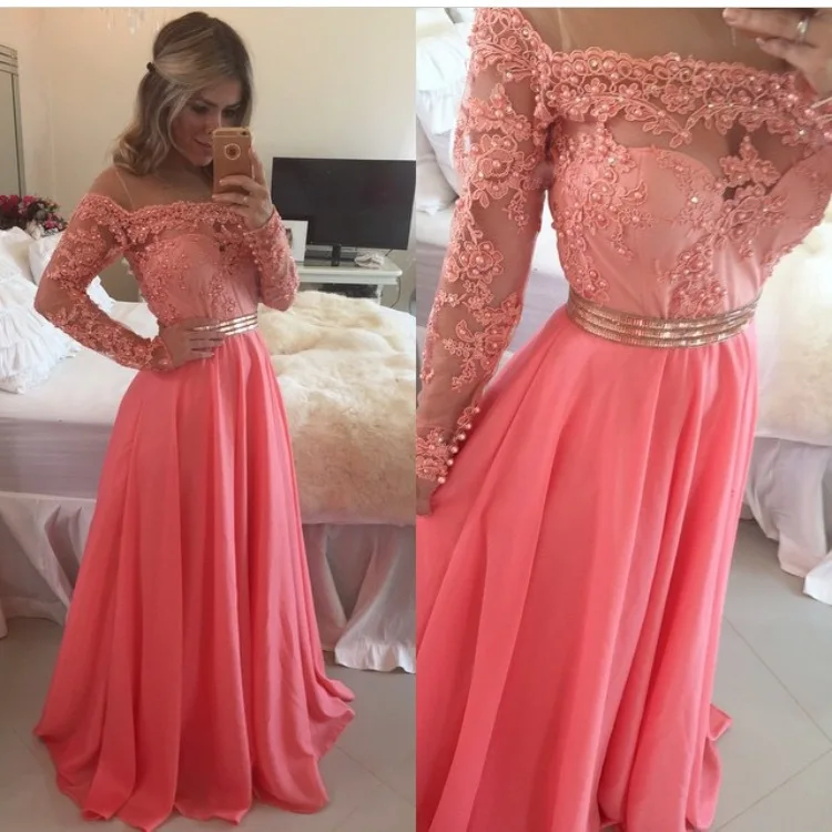 Épaules dénudées à manches longues en mousseline de soie corail robe de bal avec perles perlées dentelle Appliques longue robe de soirée formelle