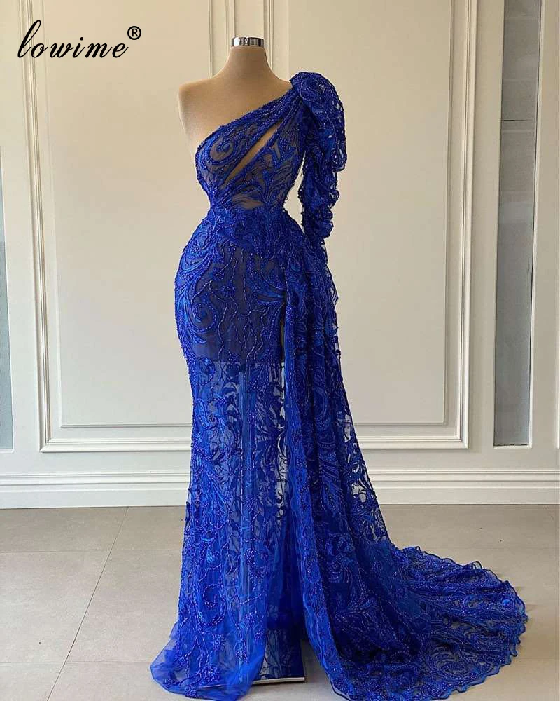 Royal Blue Beading Evening Dresses Long Arabic One Shoulder Prom Dress Plus Size Celebrity Dresses For Women Abiti Da Cerimonia