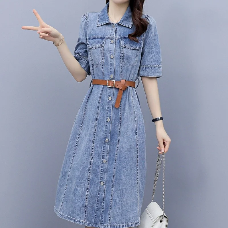 Summer Women Short Puff Sleeve Denim Dress Preppy Style Ladies Casual Single Breasted Belted Slim Fit Midi Long Jean Dresses