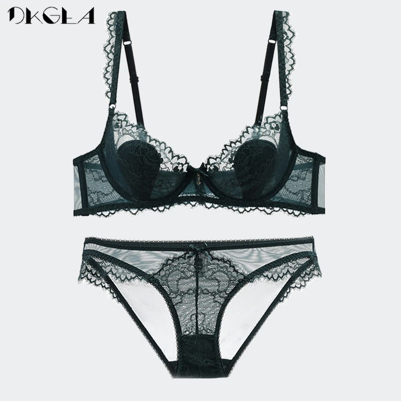 Embroidery Bras Green Underwear Sets Plus Size D E Cup Brassiere Transparent Fashion Lace Bra Set Ultrathin Sexy Women Lingerie