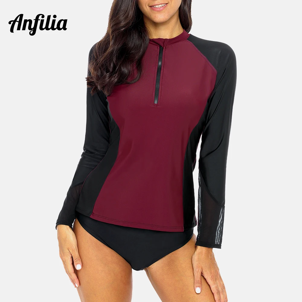 

Anfilia Women Long Sleeve Front Zipper Rashguard Shirt Swimsuit Patchwork Swimwear Surfing Top Hiking Shirt Rash Guard UPF50+