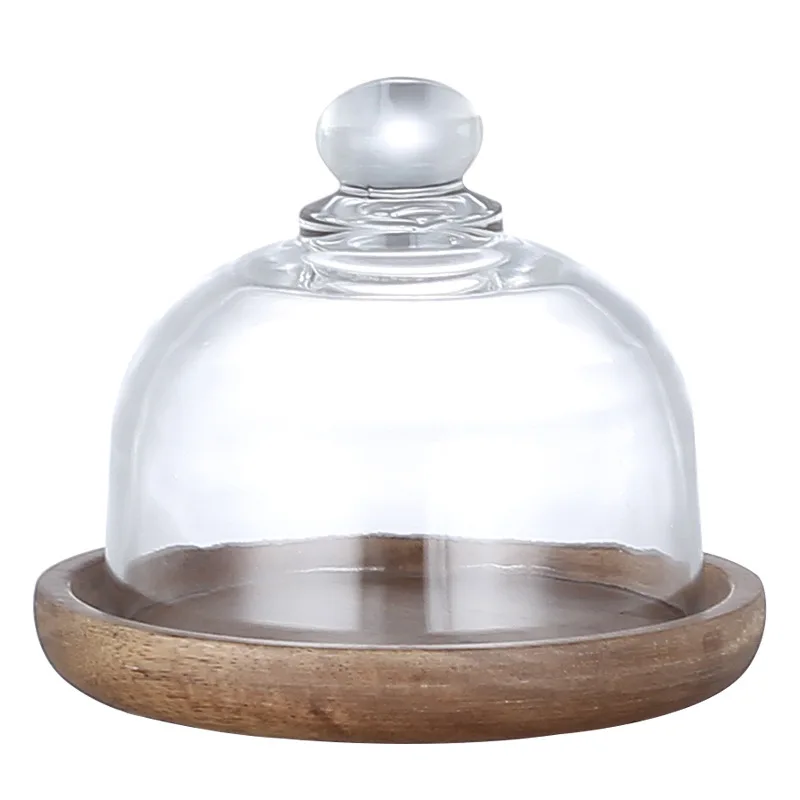 Mini Wooden Dessert Plate With Glass Dome Cake Serving Tray Macarons Display Stand Platter Cupcake Stand With Cover Snack Plates