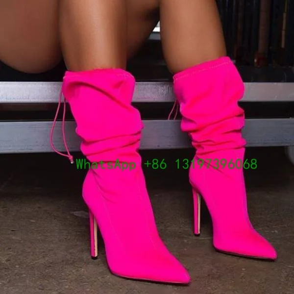 

Sexy Bright Color Ultra-High Stiletto Heel-Toe Calf Boots Blue Color Short Women's Drawstring Elastic Band Boots Pleated boots