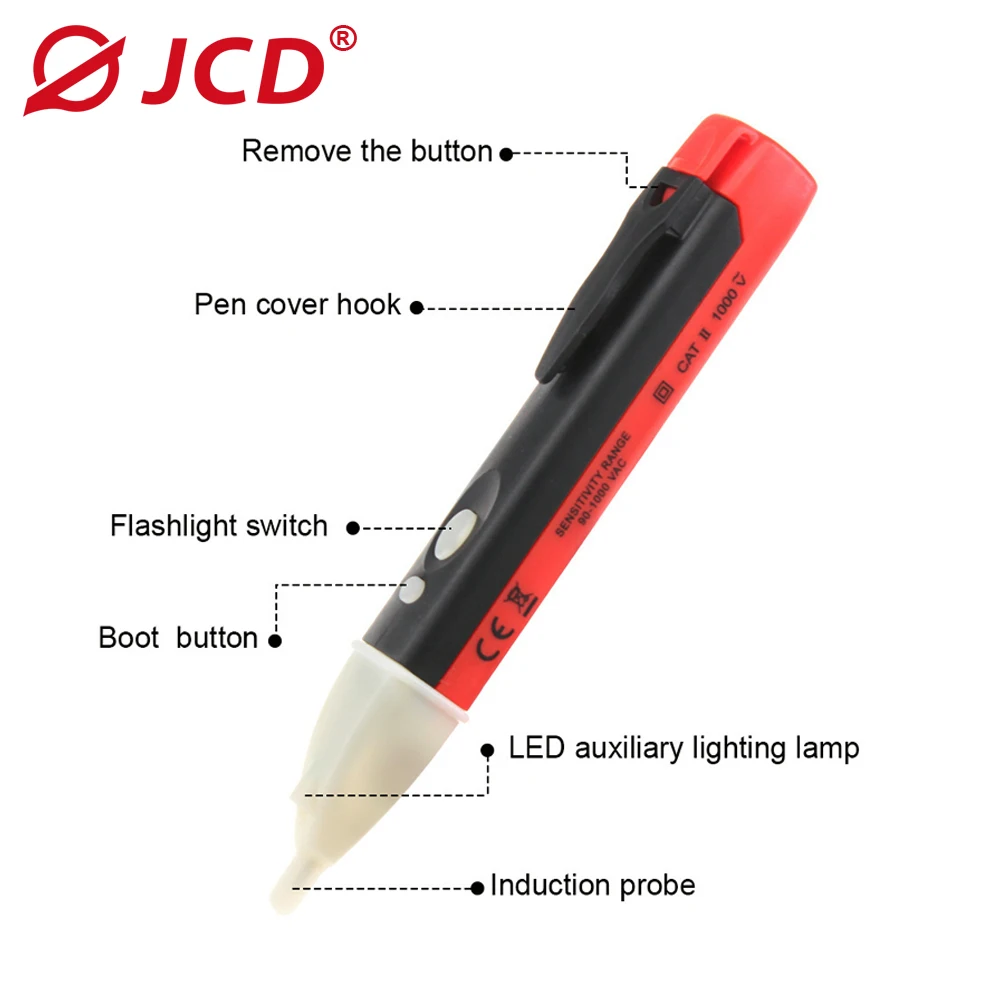 JCD Electric indicator 90-1000V NonContact Socket Wall AC Power Outlet Voltage Detector Sensor Tester Pen LED light AC 110V-220V