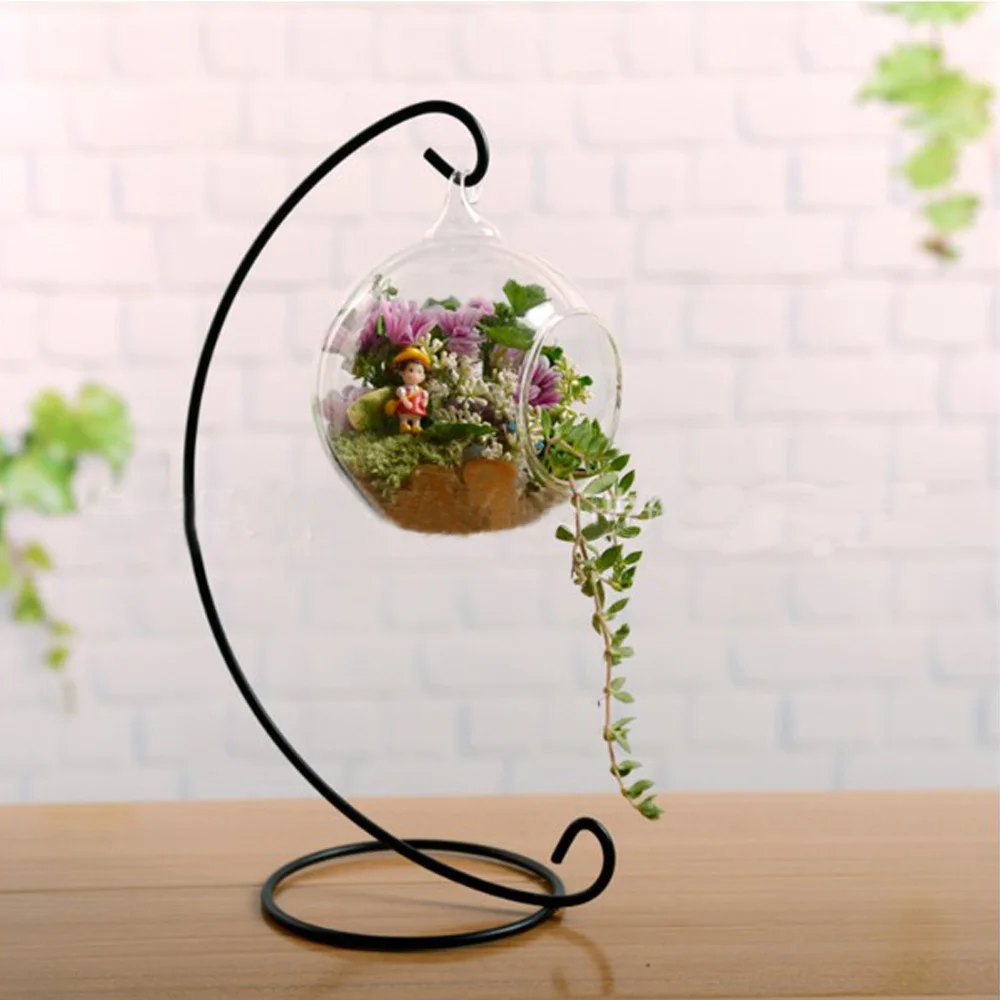 1Pc Micro Landscape Iron Shelf Hanging Ball High Borosilicate Glass Flower Plant Vase Container Ecological Bottle DIY Home Decor