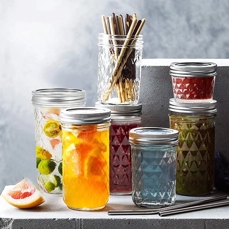 Regular Mouth Mason Jars with Lids , Quilted Crystal Jars Ideal for Jams, Smoothies, Desserts, Salads 1pcs