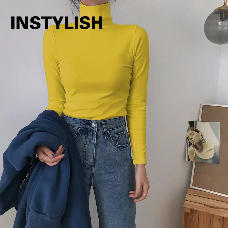 Kaus Turtleneck Lengan Panjang Elegan Wanita Kaus Mode Korea Sweater Rajutan Bawah Lengan Panjang Harajuku Antik Musim Gugur