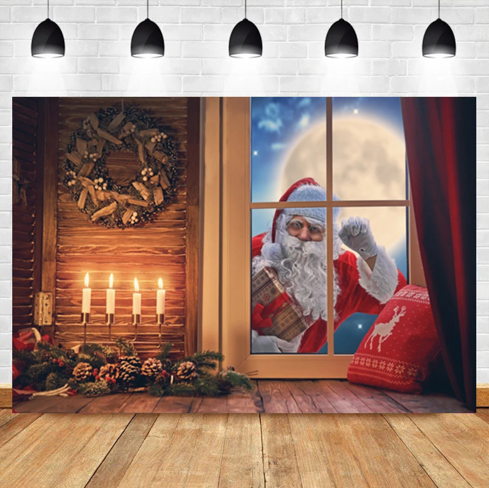 Laeacco Christmas Photophone Wooden Board Light Tree Gifts Candles Snow Photography Backdrops Baby Portrait Photo Backgrounds