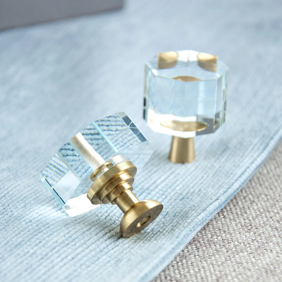 

Modern fashion transparent glass crystal cupboard wardrobe door handle brass drawer shoe cabinet kitchen cabinet knob with screw