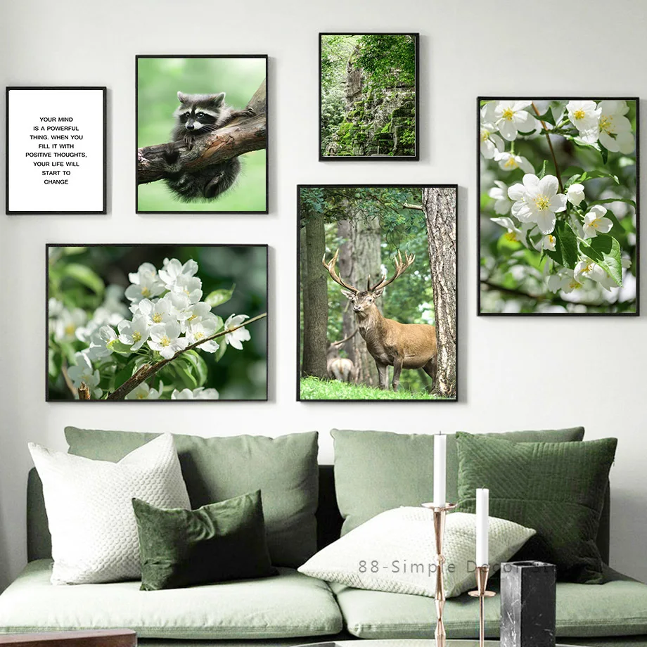 

Green Forest Lake Leaf Bird Deer Flower Wall Art Canvas Painting Nordic Posters And Prints Wall Home Decoration Pictures