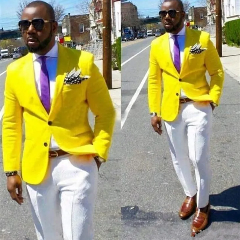 

JELTONEWIN Casual Yellow Jacket White Pants Groom Tuxedos Notch Lapel Men Wedding Wear Party Groomsmen Suits Mens Business Suits