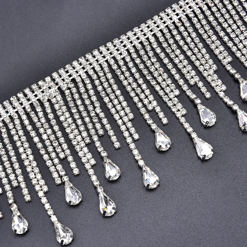 90cm/45cm/Lot Glitter Clear Glass Rhinestone Trim Tassel Fringe Metal Strass Chain Ribbon Crystal Applique Banding for Crafts