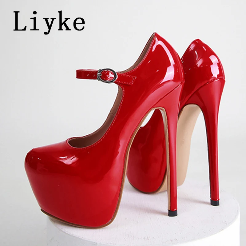 Liyke 2024 Spring Autumn Women Platform Pumps Black Round Toe Buckle Strap 17CM Super High Heels Pole Dance Shoes Stiletto Mujer