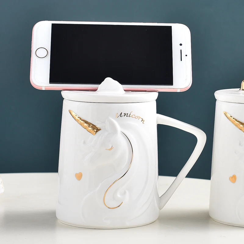 Unicorn Coffee Mug with Mobile Phone Holder Lid, Gorgeous Relief, Cute, Water, Tea, Ceramic, Milk, Breakfast Cup, Creative Gift