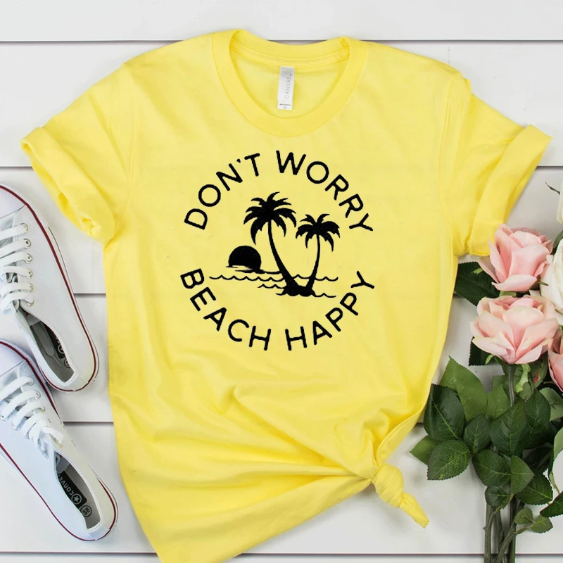 Don't Worry Beach Happy Summer Woman T-shirt Cotton Casual Tops Dropshipping Tees Love Animals Kawaii Cartoon Regular Harajuku