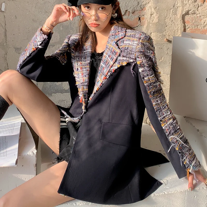 

New Spring Women Streetwear Loose Long Sleeve Spliced Blazer OL Style Casual Straight Suit Jacket Tassel Tweed Coat Female