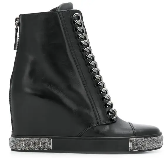 Botas de cuña de 80 mm para mujer, botines informales de punta redonda con cadenas doradas y plateadas, color negro, envío directo, novedad