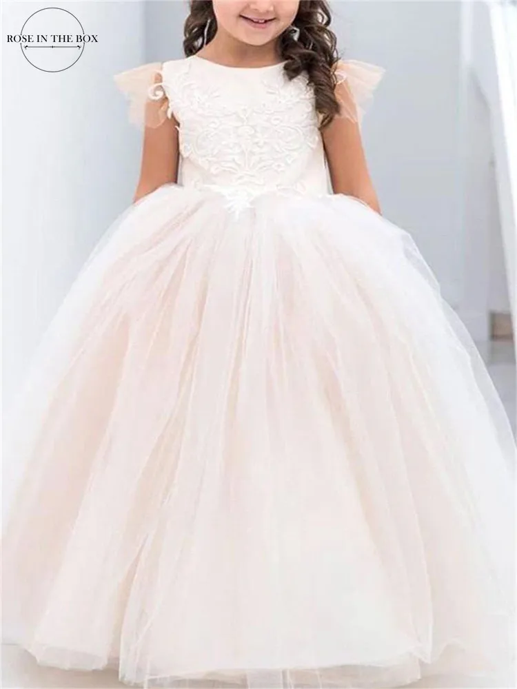 Lange Spitze Zug Flare Hülse Blume Mädchen Kleider 2022 Fliege Zurück Ballkleid Prinzessin Mädchen Kleid Robe Princesse Enfant fille