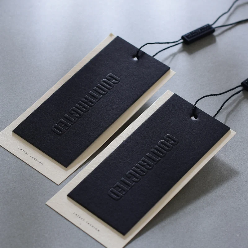 High Quality 800gsm Black Cardboard and Paper Garment Accessory Hanging Tags Brand Price Label Black String Cord Rope Stock