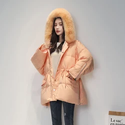 Korean Fashion Down Coat Parka Women Long Warm Winter Jackets Fox Fur Collar Hooded Down Coats Womens Candy Colors Down Outwear