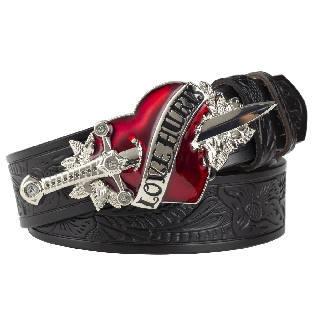 Love Hurts Buckle Sword and Red Heart for Women Fashion Embossed Leather Belt Leisure Decoration