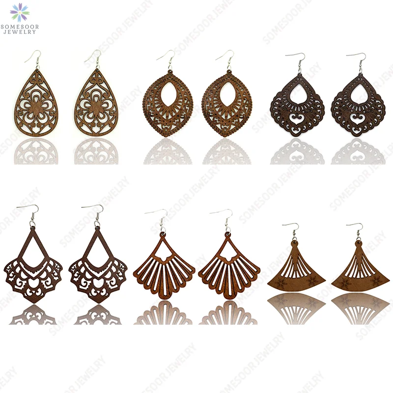 SOMESOOR Dark Brown Geometric Engraved African Wooden Drop Earrings Afrocentric Ethnic Bohemian Dangle Jewelry For Women Gifts