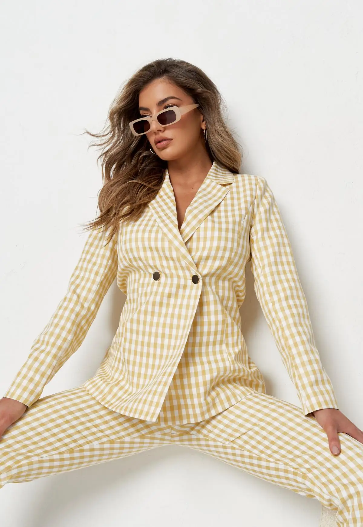 Traje de pantalón a cuadros amarillo claro para mujer, Blazer ajustado a cuadros para fiesta de graduación, ropa de Boda (chaqueta + pantalones) de verano