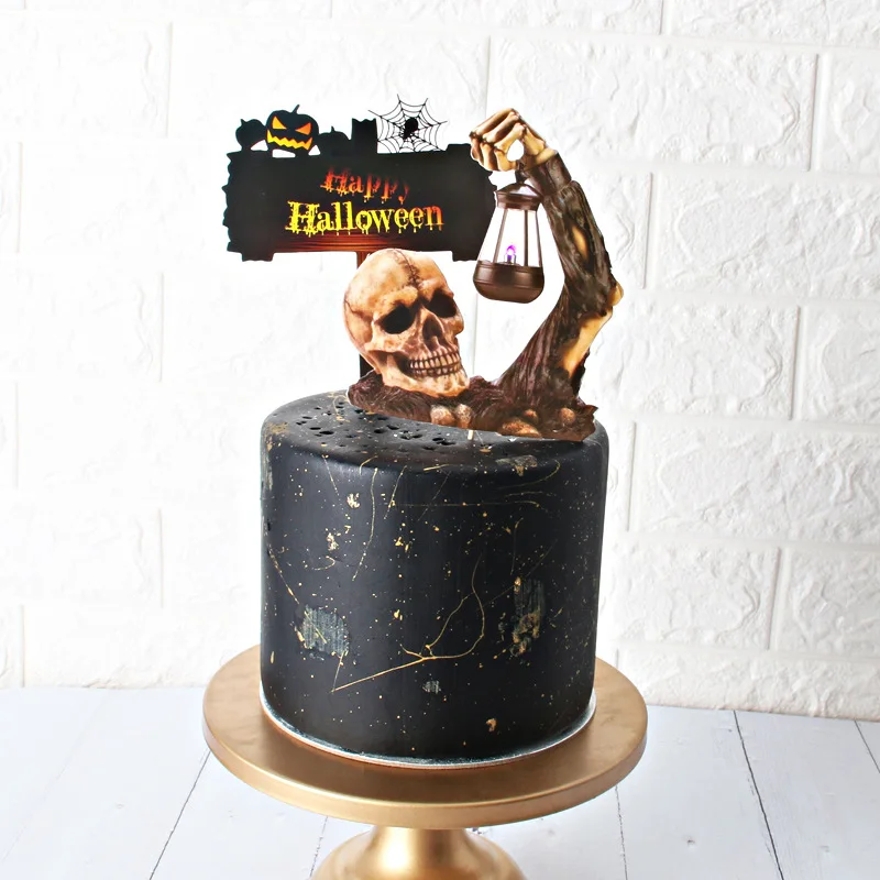 Topper Kue Halloween Tengkorak Hantu dengan Toppers Cupcake Ringan Perlengkapan Dekorasi Pesta Halloween Senang Memanggang