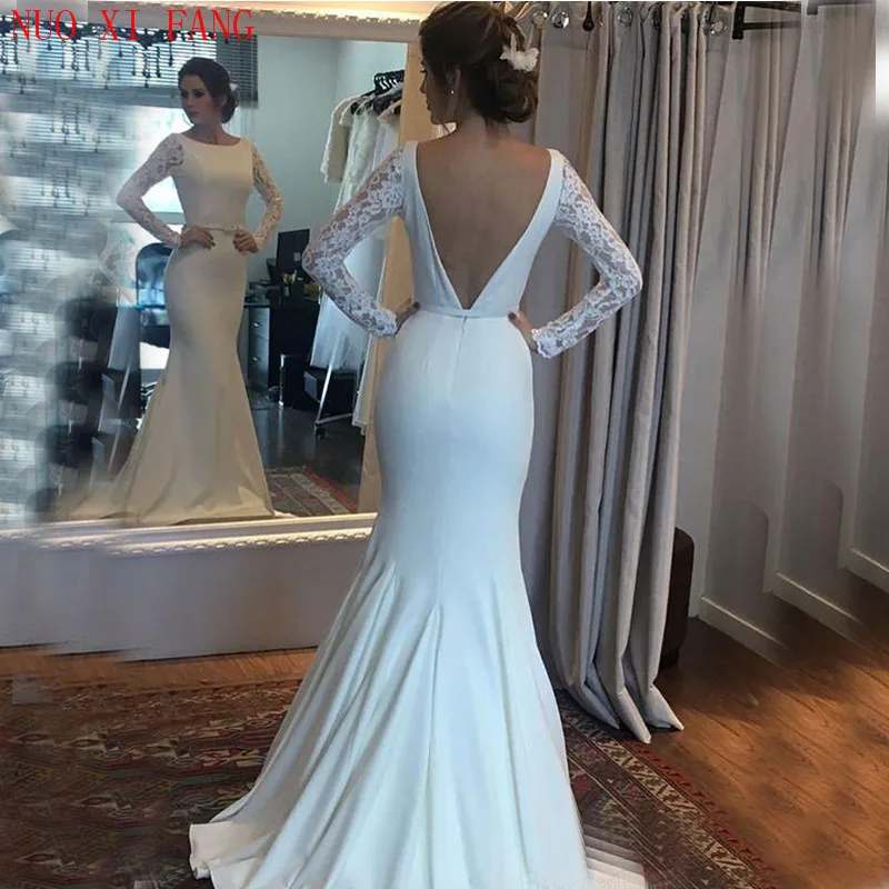 Vestidos de novia sencillos de satén, de encaje y manga larga, vestidos de novia, vestido de novia transparente para playa, invitados de boda