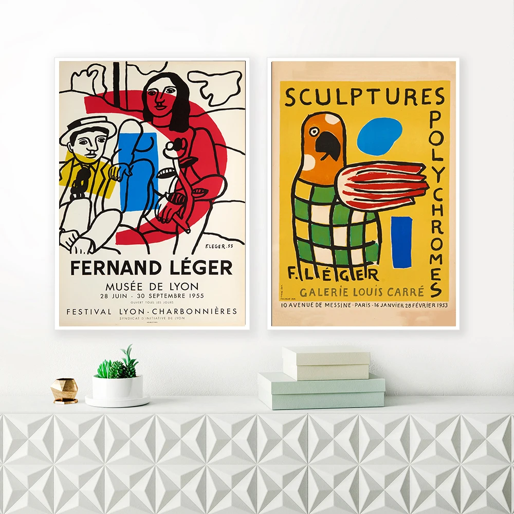 Fernand Legerion Museum exhibition art posters, retro abstract paintings of men, women and parrots decorated with engravings