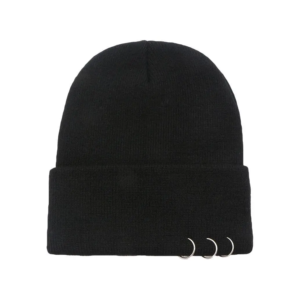 Fashion Unisex Metal Ring Knitted Beanie Hat Winter Warm Solid Color Skull Cap