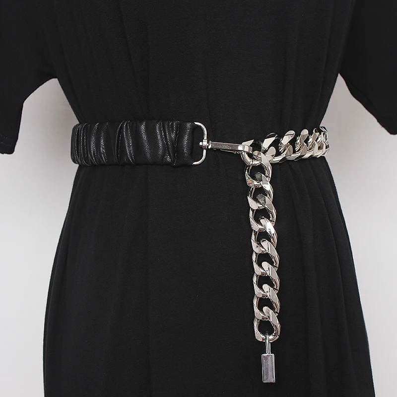 Women's runway fashion PU leather chain Cummerbunds female Dress Corsets Waistband Belts decoration wide belt R857