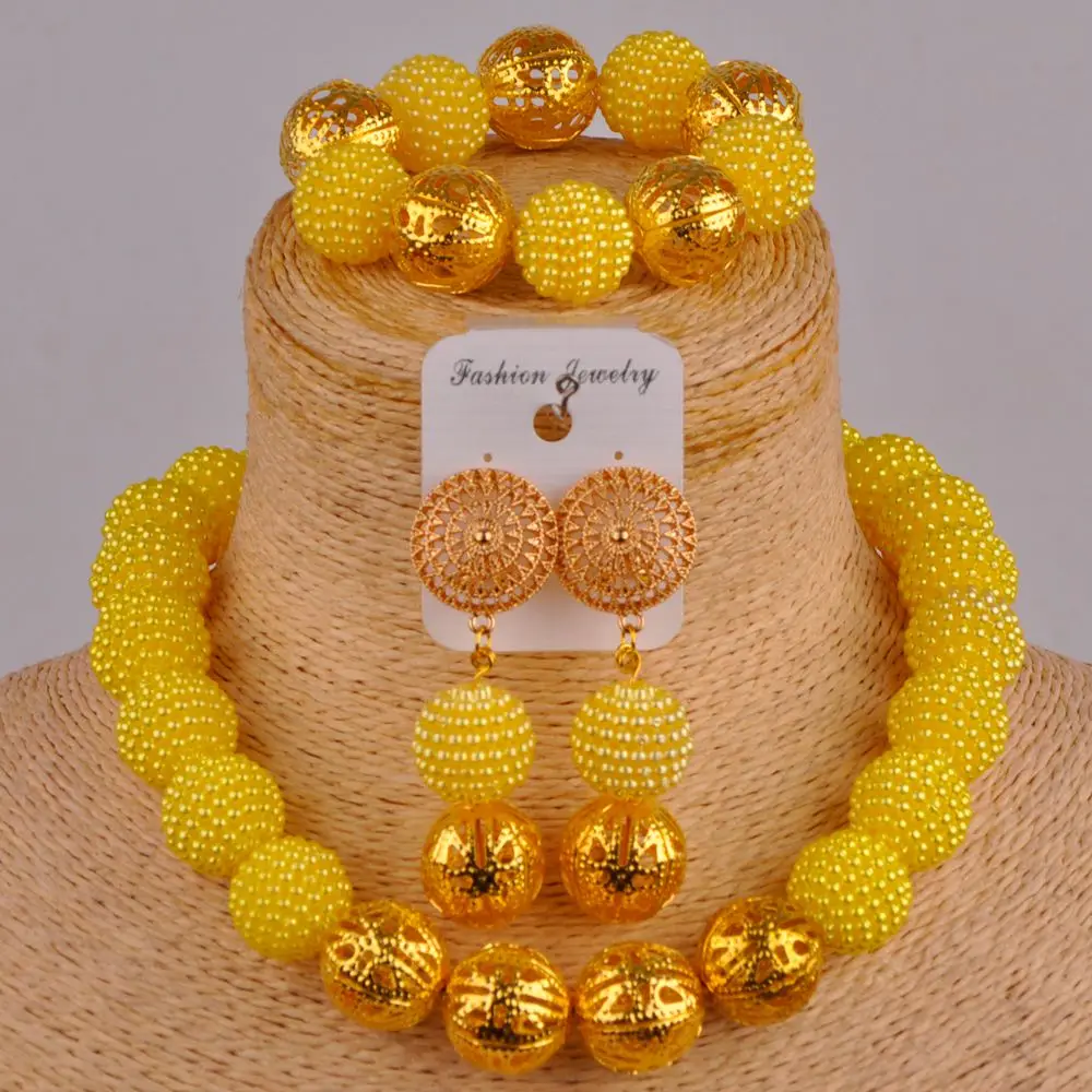 costume necklace yellow jewelry set simulated pearl nigerian wedding african beads jewelry sets FZZ88