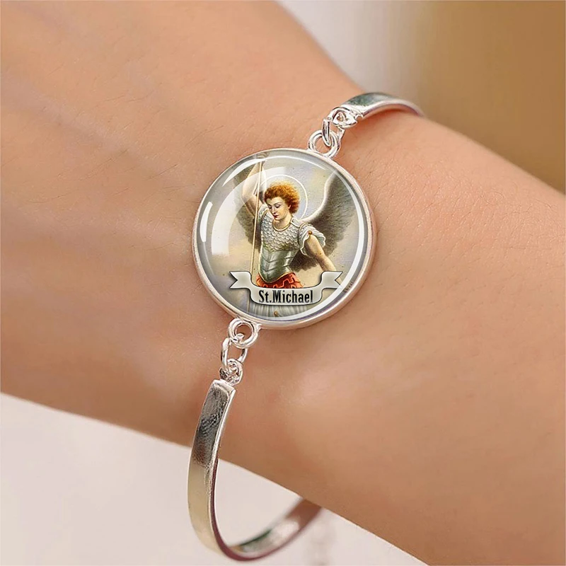 Christian Saint Bracelet for Women Girl Glass Cabochon St Michael St.therese St.Jude St.Paul Bangle Religious Jewelry