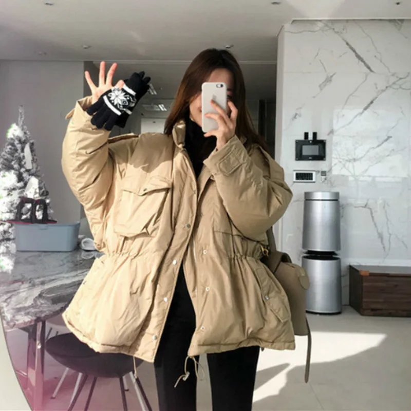 Korea Women Winter Thick Solid Cotton Parka Drawstring Slim Waist Overcoat Oversize Coat Jacket Zipper Outerwear with Pocket