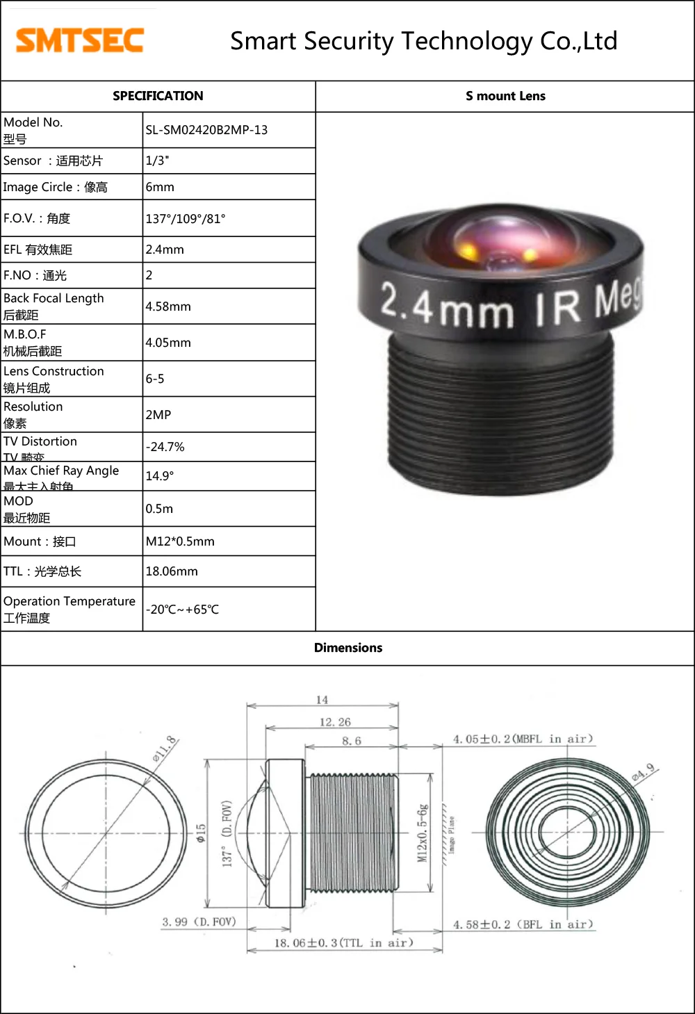 EFL 2.4 مللي متر 1/3 "F2.0 2.4 مللي متر 2MP HFOV 104 درجة m12 عدسة لوحة السيارات SL-0038