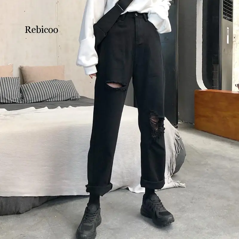 Vintage loose jeans black straight wide leg jeans high waist ripped jeans for women knee ripped pants mom jeans boyfriends