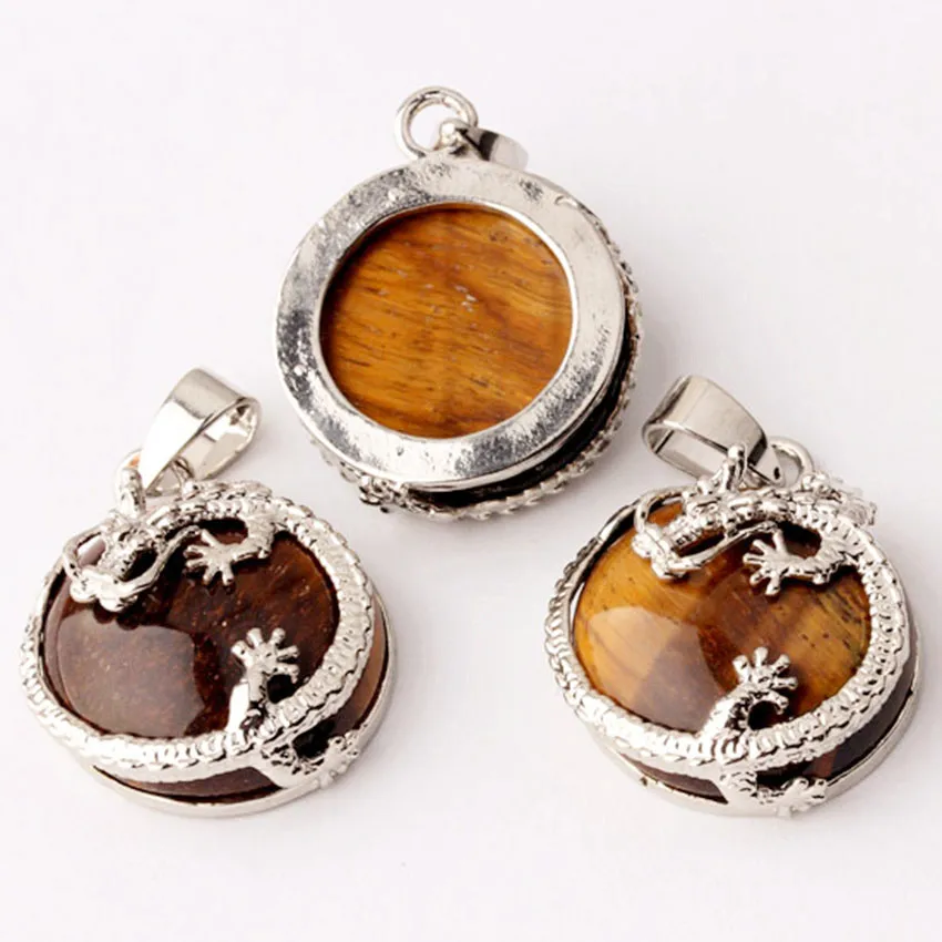 FYJS Unique Silver Plated Chinese Dragon Wrap Half Ball Natural Tiger Eye Stone Pendant Link Chain Necklace Classic Jewelry