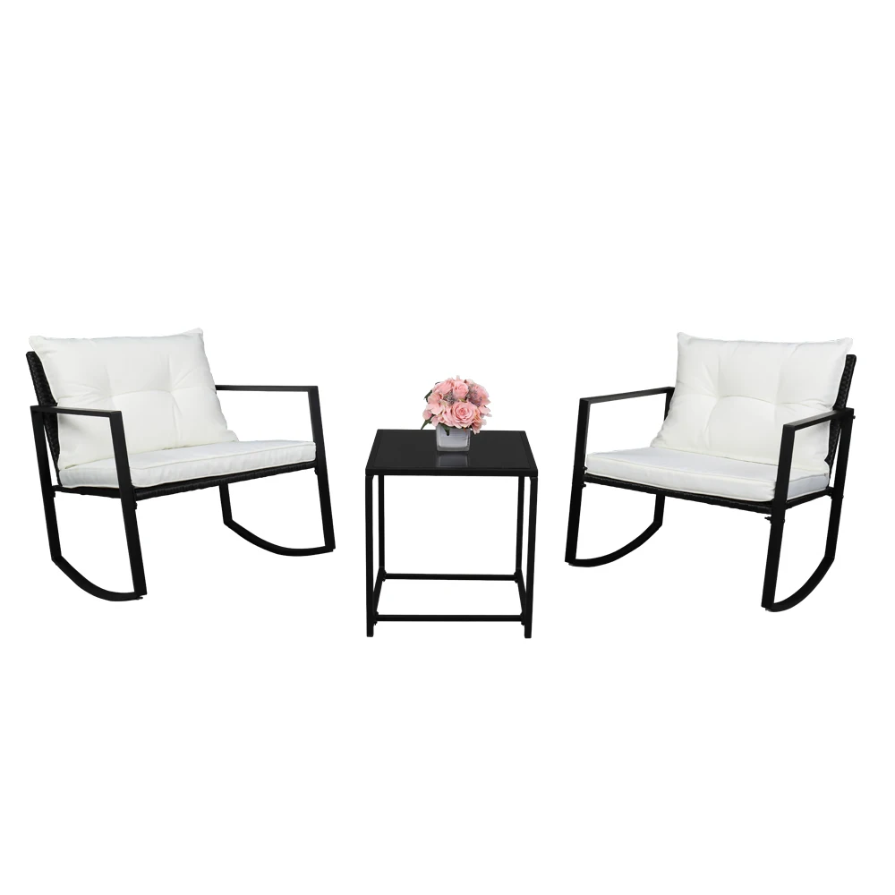 US Warehouse Single 2pcs Coffee Table 1pc Exposed Rocking Chair Three-Piece Set Black  Outdoor Furniture Set