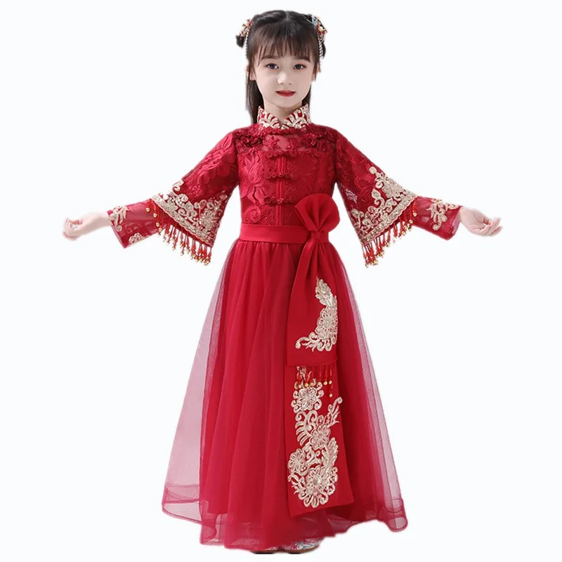 Vestido floral de menina, han fu, para meninas, roupão tradicional chinês bordado, roupa de cosplay