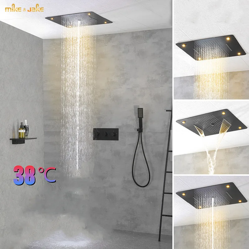 Matte black led shower set thermostatic bath rainfall bath big shower set bathroom constant shower bathtub brass mixer