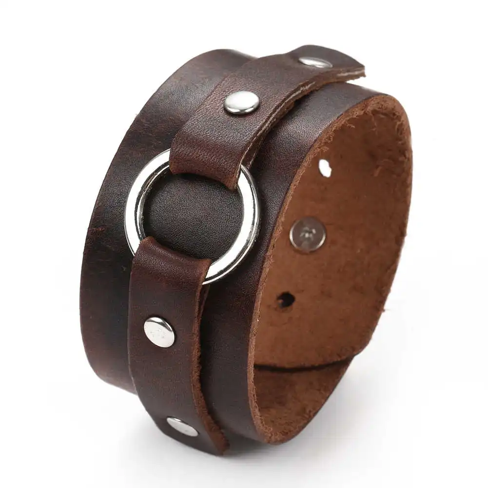 

2024 Trend Jewelry Vintage Handmade Wide Leather Bracelet Cuffs Alloy Ring Accessories Bracelet For Men's Gifts