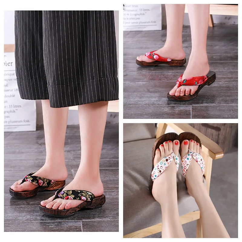 Japanese Anime Cosplay Costumes Kimono Geta Flip-Flops Round Toe Paulownia Sandals Women Wooden Flat Slippers Clogs Home Shoes