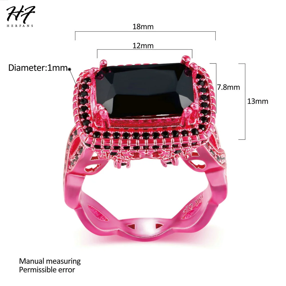 New Luxury Fashion Square Black Cubic Zirconia Pink Gold Color Ring Cocktail Rings For Women Punk Hippie Fashion Jewelry DD041