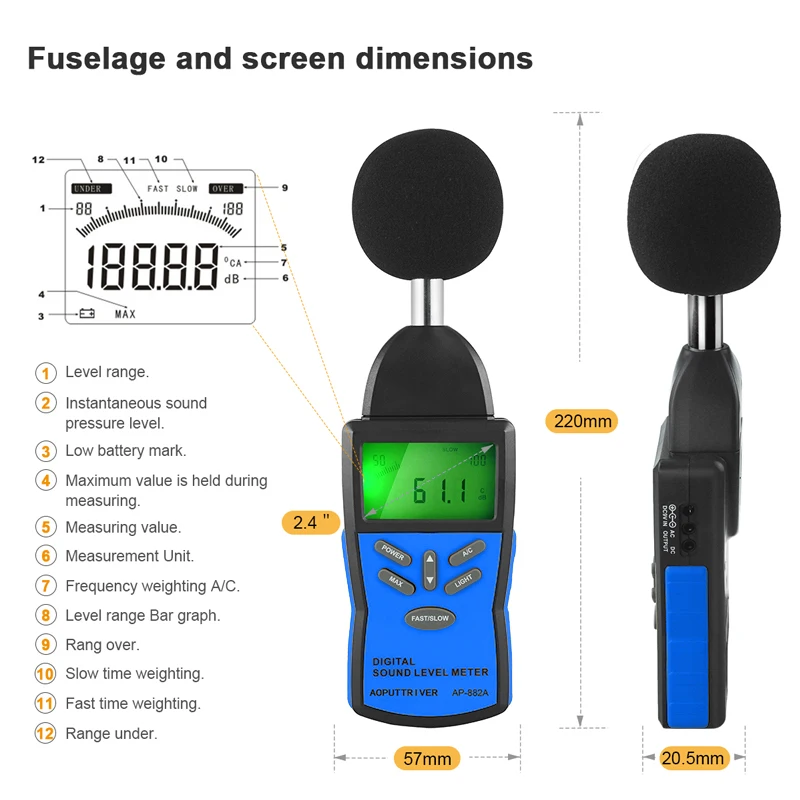 Digital Sound Level Meter，Noise Volume Measuring Instrument Decibel Monitoring Tester with 30-130dB Noise Audio Volume Test