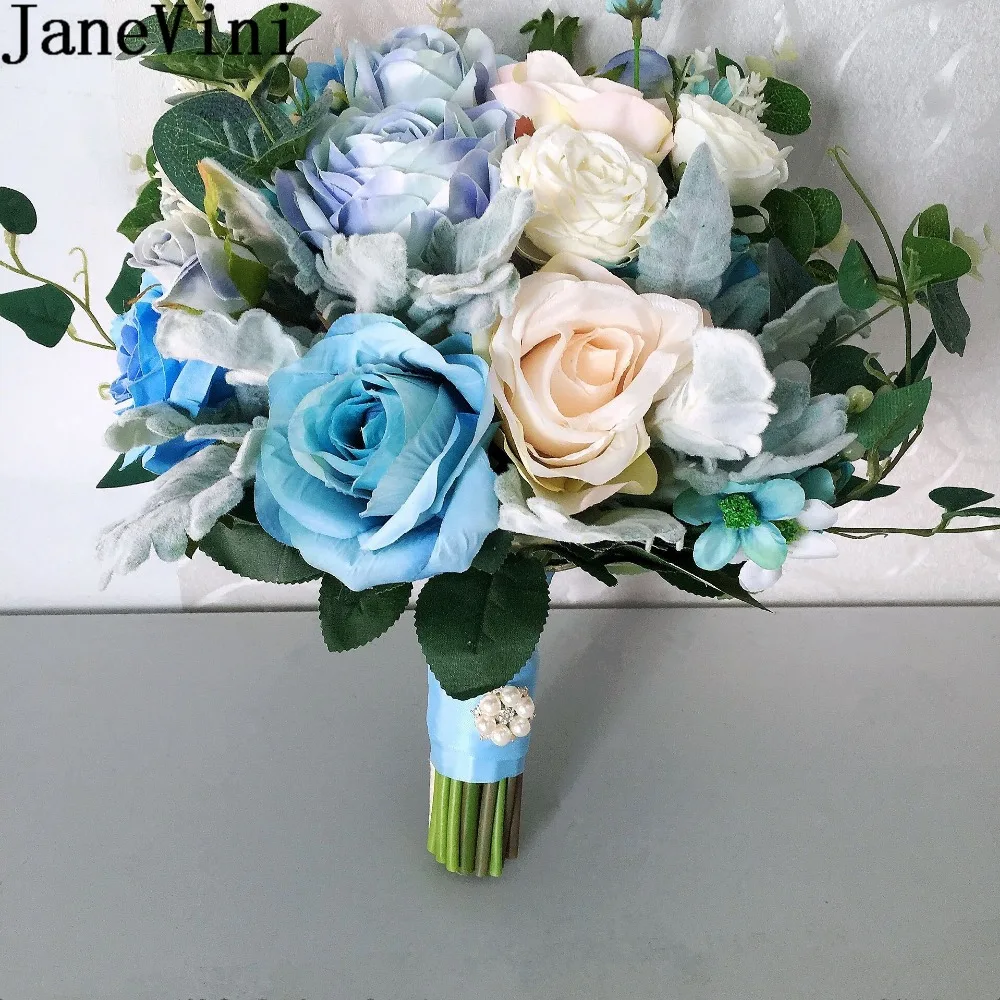 

JaneVini Gorgeous Blue Bridal Bouquet Holder Artificial Silk Roses Bridesmaid Flowers Fake Bouquets Wedding Bouquet Accessories