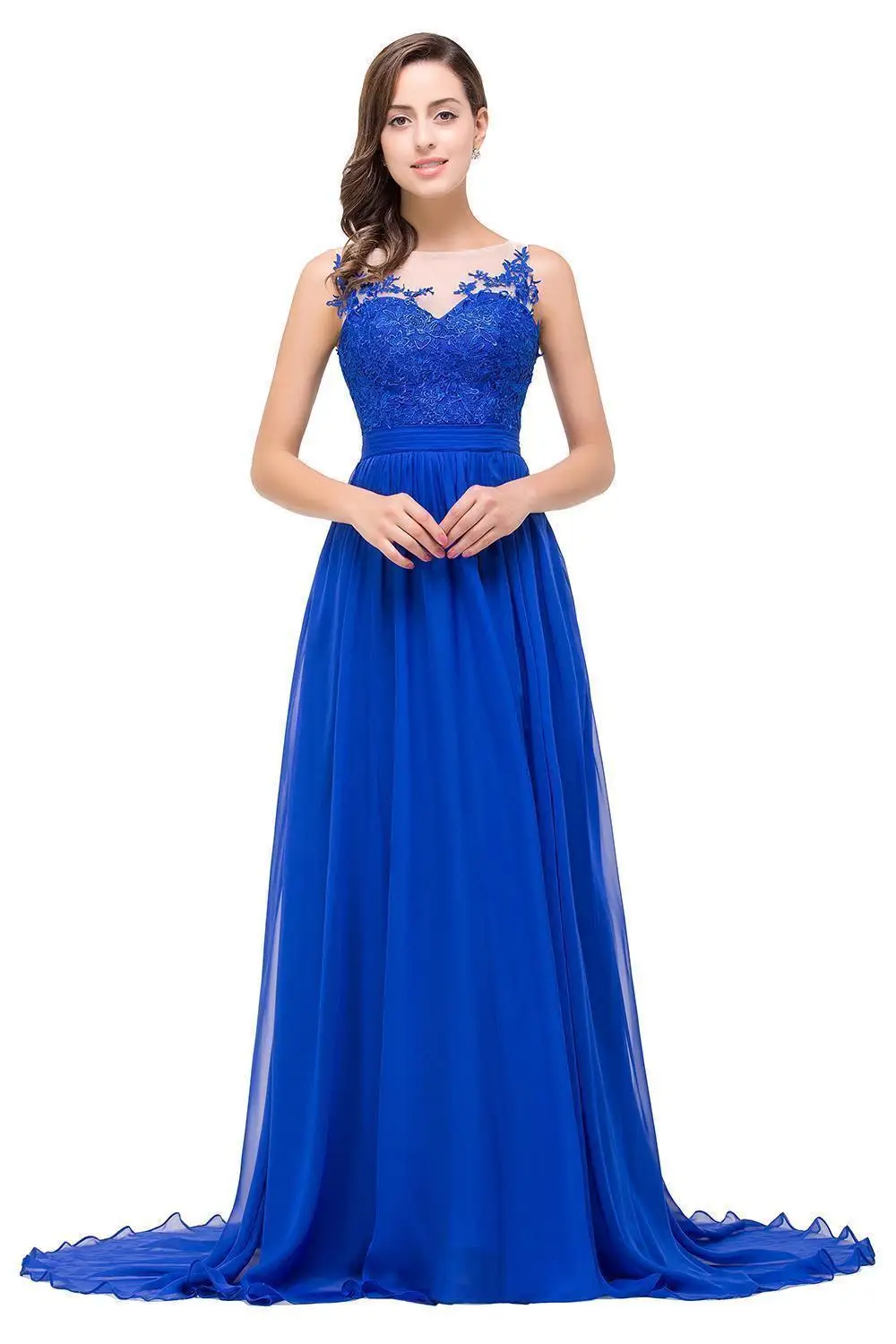 In Stock Royal Blue Lace Long Evening Dress Sexy Illusion Chiffon A-line Evening Party Dresses Backless Robe De Soiree