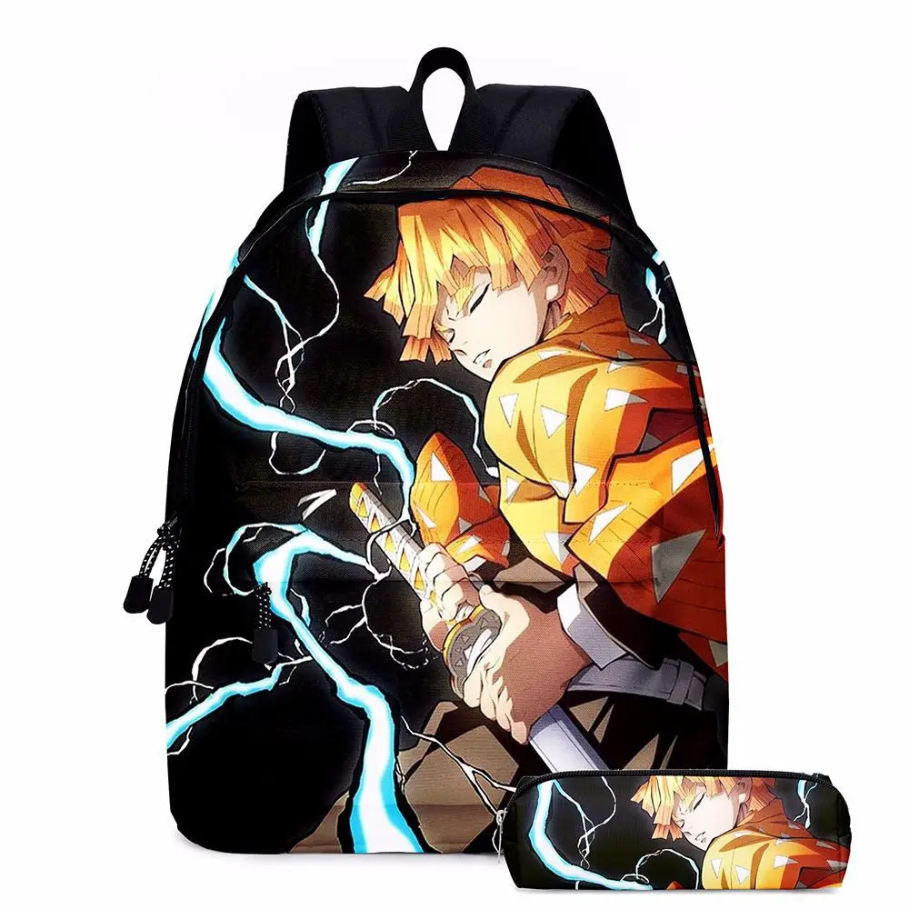 Mochila Yaiba Kimetsuno de Anime Demon Slayer para niños y niñas, bolso escolar con múltiples bolsillos para adolescentes, conjunto de 2 unids/set