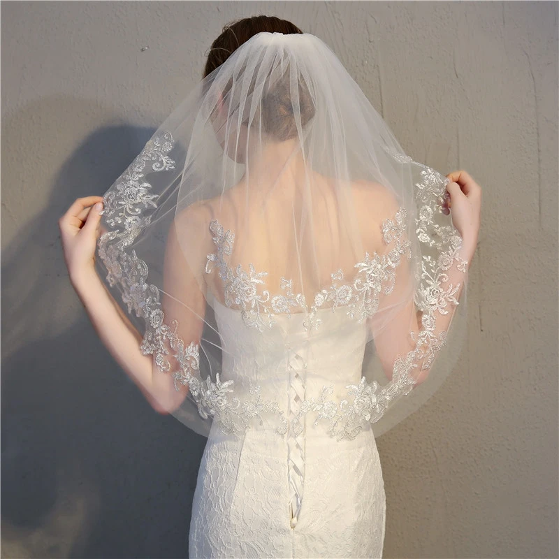 Nuovo arrivo due strati velo da sposa corto pizzo Applique veli da sposa Casamento Boda accessori da sposa economici Velos de novia