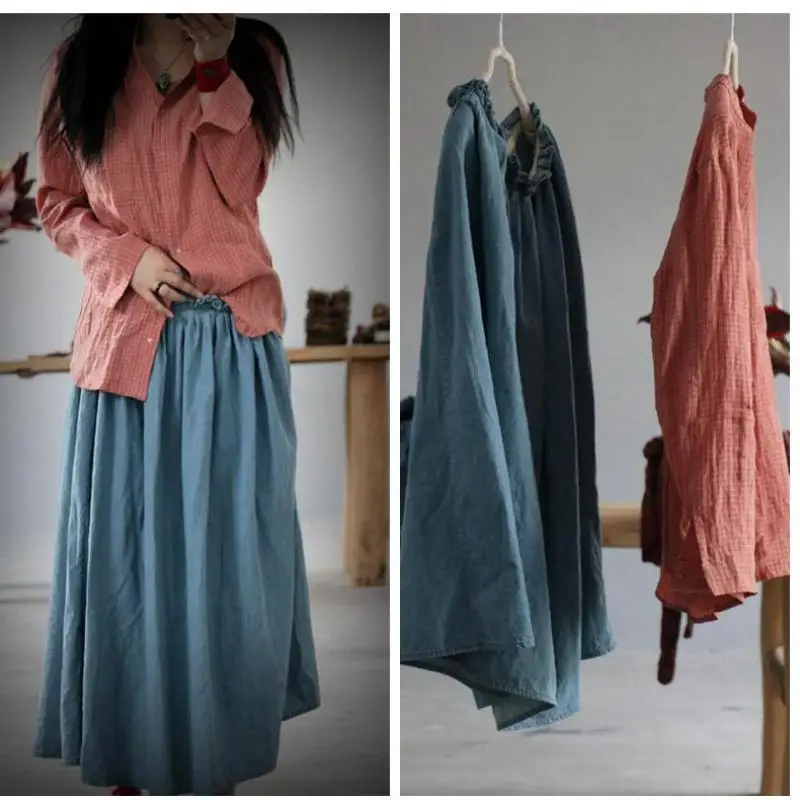 Skirts Womens Summer Spring Literature Outwear Casual Solid Color Do Old Elastic Waist Comfort Pocket Blue Denim Skirt